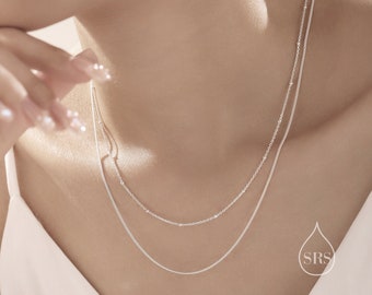 Double Layer Necklace in Sterling Silver with Satellite Chain and Curb Chain,  Silver or Gold or Rose Gold, Chain Necklace