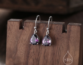 Dark Amethyst Purple Pear Cut CZ Drop Earrings in Sterling Silver, Silver or Gold, Dark Purple Droplet Dangle Earrings