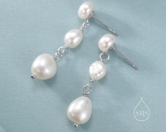 Irregular Shaped Freshwater Pearl Trio Drop Hook Earrings in Sterling Silver, Silver or Gold, Baroque Pearl Drop Earrings, Natural Pearls