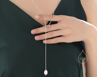 Collier baroque de perle et de cercle pendentif long lariat en argent sterling, or argenté ou or rose, collier lariat de perles d’eau douce naturelles