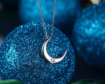 Croissant de lune avec collier Starburst CZ en argent sterling, argent ou or ou or rose, collier lune, pendentif lune, collier nouvelle lune