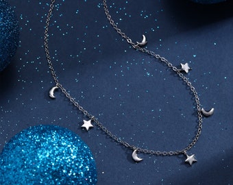 Crescent Moon and Star Charm Necklace in Sterling Silver, Silver or Gold, Star and Moon Necklace, Star Moon Pendant, New Moon Necklace