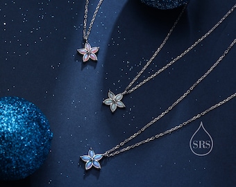 Collar con colgante de flor de ópalo en plata de ley con ópalo, ópalo azul, blanco o rosa, collar de ópalo, collar de no me olvides