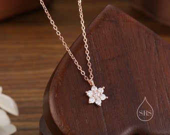 Tiny CZ Flower Necklace in Sterling Silver, Silver or Gold or Rose Gold, CZ Snowflake Necklace, CZ Cluster Floral Necklace