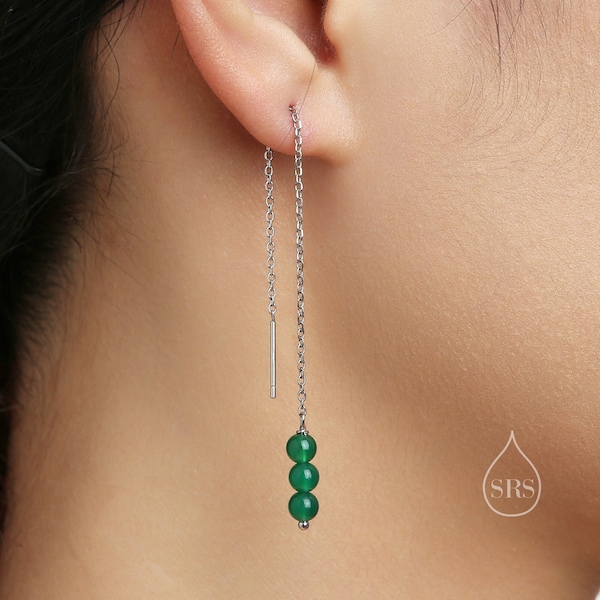 Genuine Green Onyx Threaders in Sterling Silver, Three Beads Threader Earrings, Ear Jacket, Green Onyx Earrings