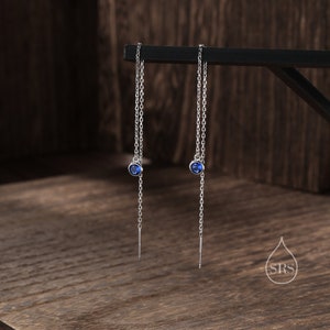 Sapphire Blue CZ Dot Threader Earrings in Sterling Silver, Silver or Gold, Minimalist Double Piercing Ear Threaders, September Birthstone