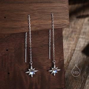 Moonstone and CZ Starburst Threader Earrings in Sterling Silver, Silver or Gold or rose gold , North Star Ear Threaders