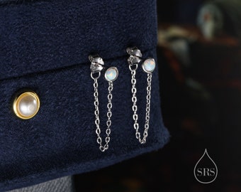 White Opal and Chain Ear Jacket in Sterling Silver,  Silver or Gold, Blue Lab Opal Bezel Earrings, Front and Back Earrings