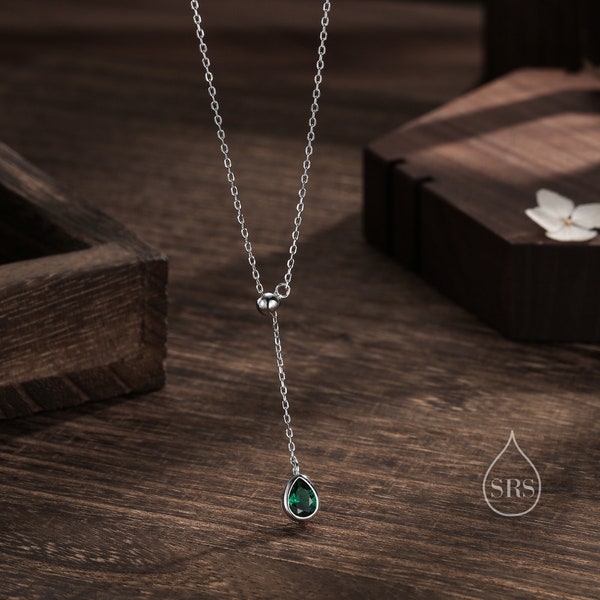 Delicate Droplet Emerald Green CZ Lariat Pendant Necklace in Sterling Silver, Silver or Gold, Minimalist Pear Cut CZ Adjustable Necklace