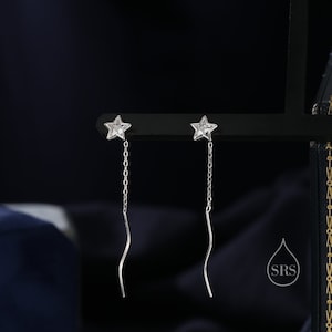 Star Bezel CZ Crystal Threader Earrings in Sterling Silver, Silver or Gold, Minimalist Star Cut Ear Threaders
