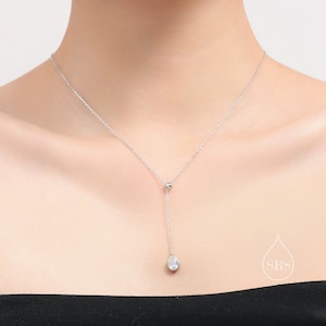 Delicate Droplet CZ Lariat Pendant Necklace in Sterling Silver, Silver or Gold, Minimalist Pear Cut CZ Adjustable Necklace