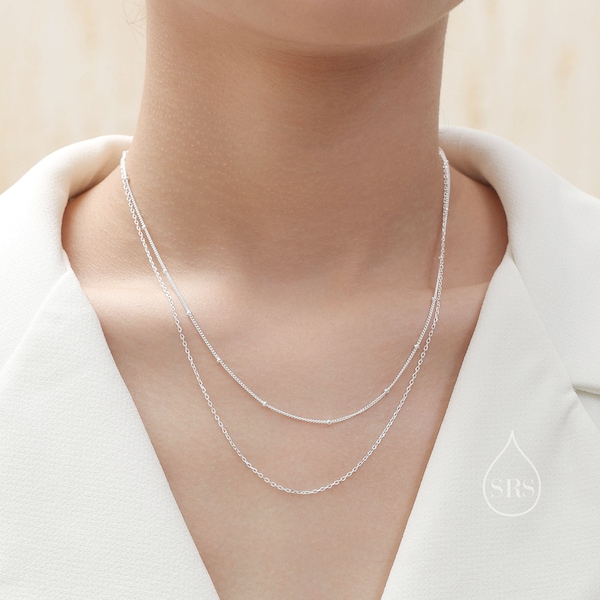 Double Layer Necklace in Sterling Silver with Satellite Chain,  Silver or Gold or Rose Gold, Chain Necklace