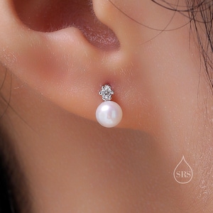 Tiny Genuine Pearl and CZ Stud Earrings in Sterling Silver, Silver or Gold, Natural Pearl Earrings, Freshwater Pearl Earrings, Pearl Stud