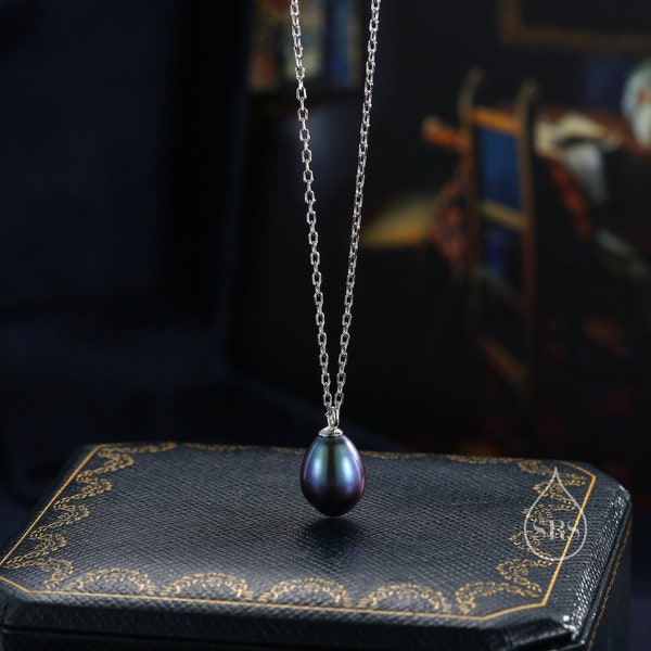 Collier de perles noires naturelles en argent sterling, véritable collier pendentif en perles d’eau douce en argent sterling, perle ovale minimaliste