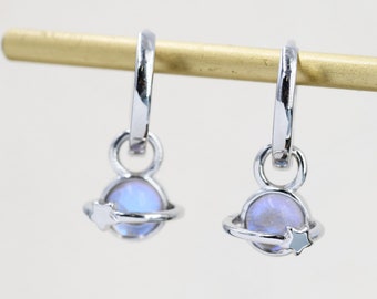 Moonstone Planet and Star Huggie Hoop Earrings in Sterling Silver, Simulated Moonstone, Detachable Charms, Saturn Earrings