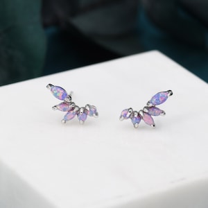 Sterling Silver Purple Opal Marquise Cluster Stud Earrings, Silver and Gold, Opal Earrings, Lab Opal Mini Crawler Earrings, Minimalist