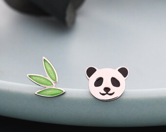 Orecchini a lobo asimmetrici a forma di foglia di bambù e panda in argento sterling, orecchini asimmetrici a forma di foglia di panda e bambù, ispirati alla natura