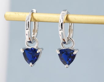 Sterling Silver Sapphire Blue Trillion Cut CZ Hoop Earrings, Silver or Gold, Triangle Dangle Hoop Earrings, Interchangeable Charm