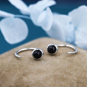 Genuine Black Onyx Huggie Hoop Earrings in Sterling Silver, 3mm Natural Black Onyx Open Hoops, Pull Through Threaders, Half Hoops, C Shape