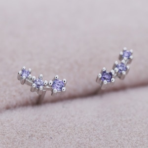 Extra Tiny Alexandrite CZ Trio Stud Earrings in Sterling Silver, Silver or Gold, Geometric Tiny Three Star CZ Earrings, Stacking Earrings