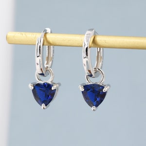 Sterling Silver Sapphire Blue Trillion Cut CZ Hoop Earrings, Silver or Gold, Triangle Dangle Hoop Earrings, Interchangeable Charm