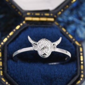 Sterling Silver Highland Cow Ring, Adjustable Size, Simulated Moonstone, Celestial Jewellery, Dainty and Delicate