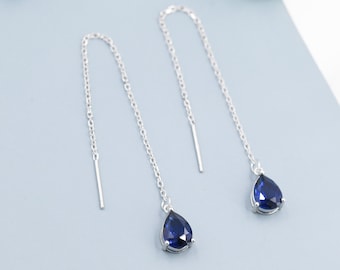 Sapphire Blue CZ Droplet Threader Earrings in Sterling Silver, Silver or Gold,  Pear Cut CZ Long Ear Threaders, Sparkly CZ Threaders