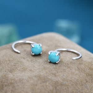 Genuine Green Turquoise Threader Hoop Earrings in Sterling Silver, Turquoise Dot Open Hoop Earrings, Huggie Hoop,  Pull Through
