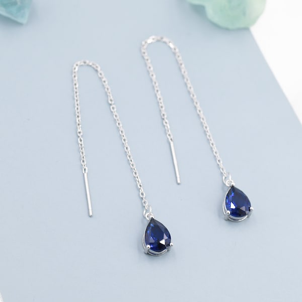 Sapphire Blue CZ Droplet Threader Earrings in Sterling Silver, Silver or Gold,  Pear Cut CZ Long Ear Threaders, Sparkly CZ Threaders