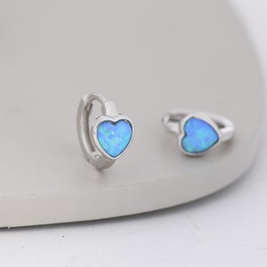 Blue Opal Heart Huggie Hoop Earrings in Sterling Silver, Silver or Gold, Lab Opal Heart Hoops, Heart Hoops