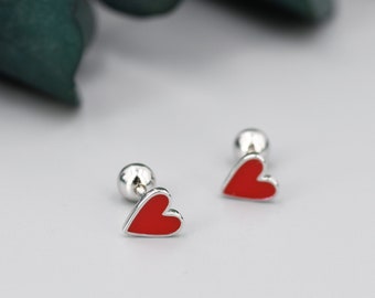 Red Enamel Heart Screwback Earrings in Sterling Silver, Silver or Gold, Delicate Heart Earrings, Heart Barbell Earrings, Screw Back