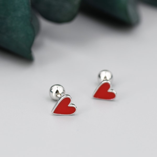Red Enamel Heart Screwback Earrings in Sterling Silver, Silver or Gold, Delicate Heart Earrings, Heart Barbell Earrings, Screw Back