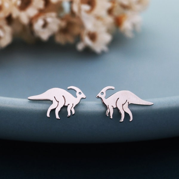 Clous d'oreilles dinosaure Parasaurolophus en argent sterling, argent ou or, boucles d'oreilles dinosaure