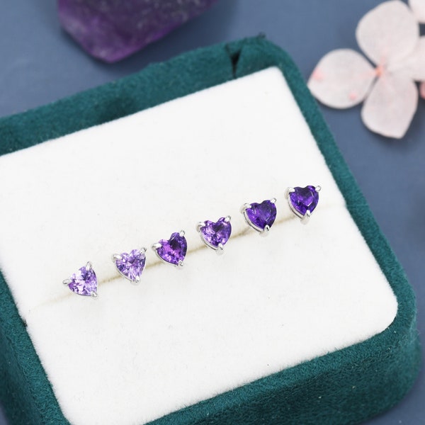 Genuine  Amethyst Heart Stud Earrings in Sterling Silver, Natural Amethyst Heart Stud Earrings, Tiny Heart Earrings