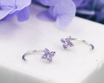 Amethyst Purple CZ Hydrangea Flower Huggie Hoop Earrings in Sterling Silver, Tiny CZ Trio Open Hoops, Pull Through Threaders, Half Hoops