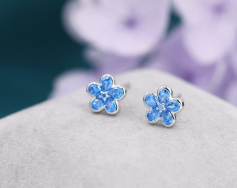 Aquamarine Blue Flower CZ Stud Earrings in Sterling Silver, Forget Me Not Floral CZ Earrings, Flower CZ Earrings