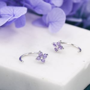 Amethyst Purple CZ Hydrangea Flower Huggie Hoop Earrings in Sterling Silver, Tiny CZ Trio Open Hoops, Pull Through Threaders, Half Hoops