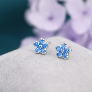 Aquamarine Blue Flower CZ Stud Earrings in Sterling Silver, Forget Me Not Floral CZ Earrings, Flower CZ Earrings
