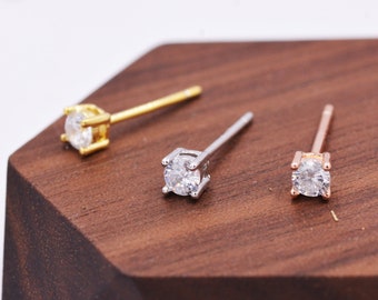 Sterling Silver Tiny Little Stud Earrings, Barely Visible, Extra Small CZ Stud, Silver, Gold and Rose Gold, Cubic Zirconia Crystal