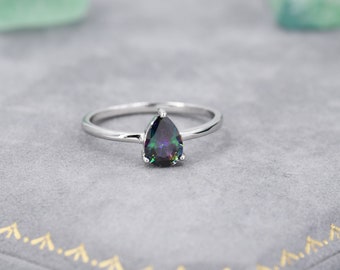 1 Carat Mystic Black CZ Pear Cut Ring in Sterling Silver, 5x7mm Mystic Topaz Zircon Ring, US Size 5-8, Aurora Black Droplet Ring