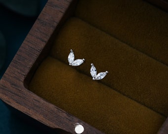 Sterling Silver CZ Marquise Leaf Duo Stud Earrings,  Gold or Silver, Marquise Fan Stud, CZ Crown Stud, Two Marquise Stud