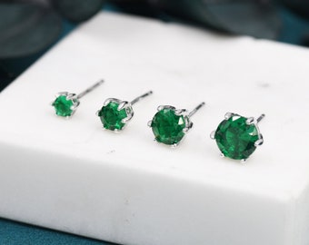 Emerald Green CZ Stud Earrings in Sterling Silver, Available in 3mm 4mm 5mm 6mm, Brilliant Cut Emerald Green CZ Earrings, Prong Set