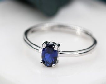 Created Blue Sapphire Oval Ring in Sterling Silver,  4x6mm, Prong Set Oval Cut, Adjustable Size, Blue Corundum Ring, September Birthstone