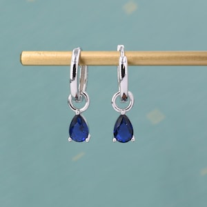 Sterling Silver Sapphire Blue CZ Droplet Hoop Earrings, Silver, Gold or Rose Gold,  Pear Cut Drop Earrings,  Interchangeable Charms