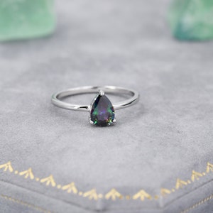 1 Carat Mystic Black CZ Pear Cut Ring in Sterling Silver, 5x7mm Mystic Topaz Zircon Ring, US Size 5-8, Aurora Black Droplet Ring