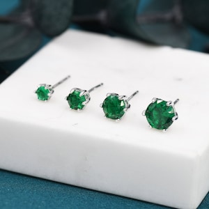 Emerald Green CZ Stud Earrings in Sterling Silver, Available in 3mm 4mm 5mm 6mm, Brilliant Cut Emerald Green CZ Earrings, Prong Set