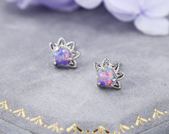 Sterling Silver Purple Opal Crown Stud Earrings, Prong Set, Opal Earrings, Lab Opal Lotus Earrings, Minimalist