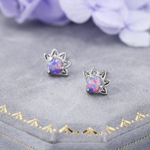 Sterling Silver Purple Opal Crown Stud Earrings Prong Set Opal