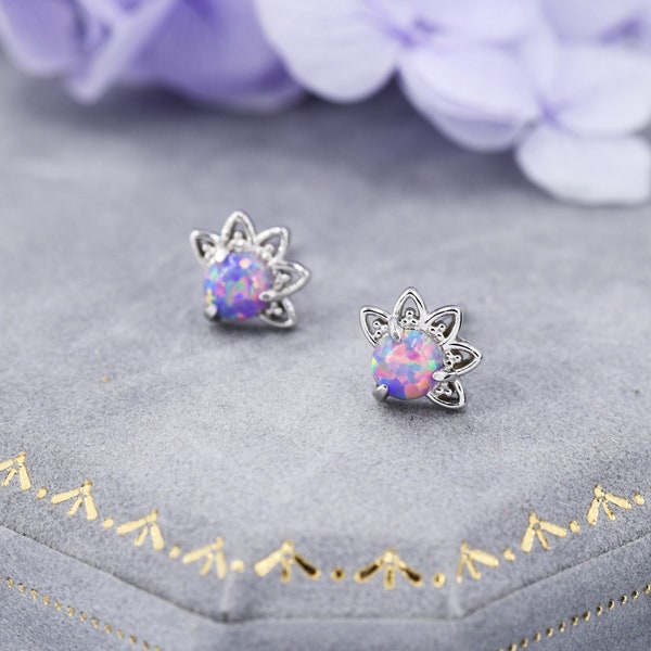 Sterling Silver Purple Opal Crown Stud Earrings, Prong Set, Opal Earrings, Lab Opal Lotus Earrings, Minimalist