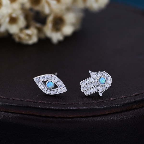 Mismatched Hamsa Hand and Evil Eye CZ Stud Earrings in Sterling Silver with Blue Opal, Silver or Gold, Asymmetric Hand and Eye Earrings